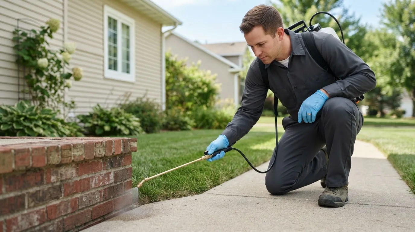Pest control technician treating a home near Clarksville, MO