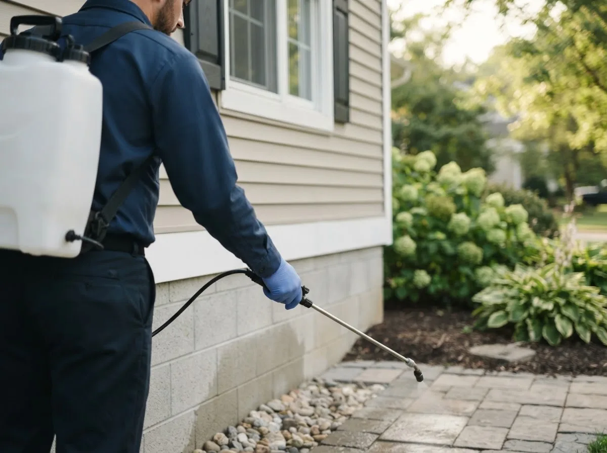 Pest control technician inspecting a home in Clarksville, MO